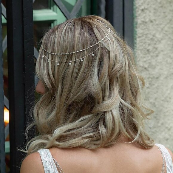 Rhinestone Head Chain Copper Wedding Bridal Headpiece Layered Festival Prom Hair main image 7